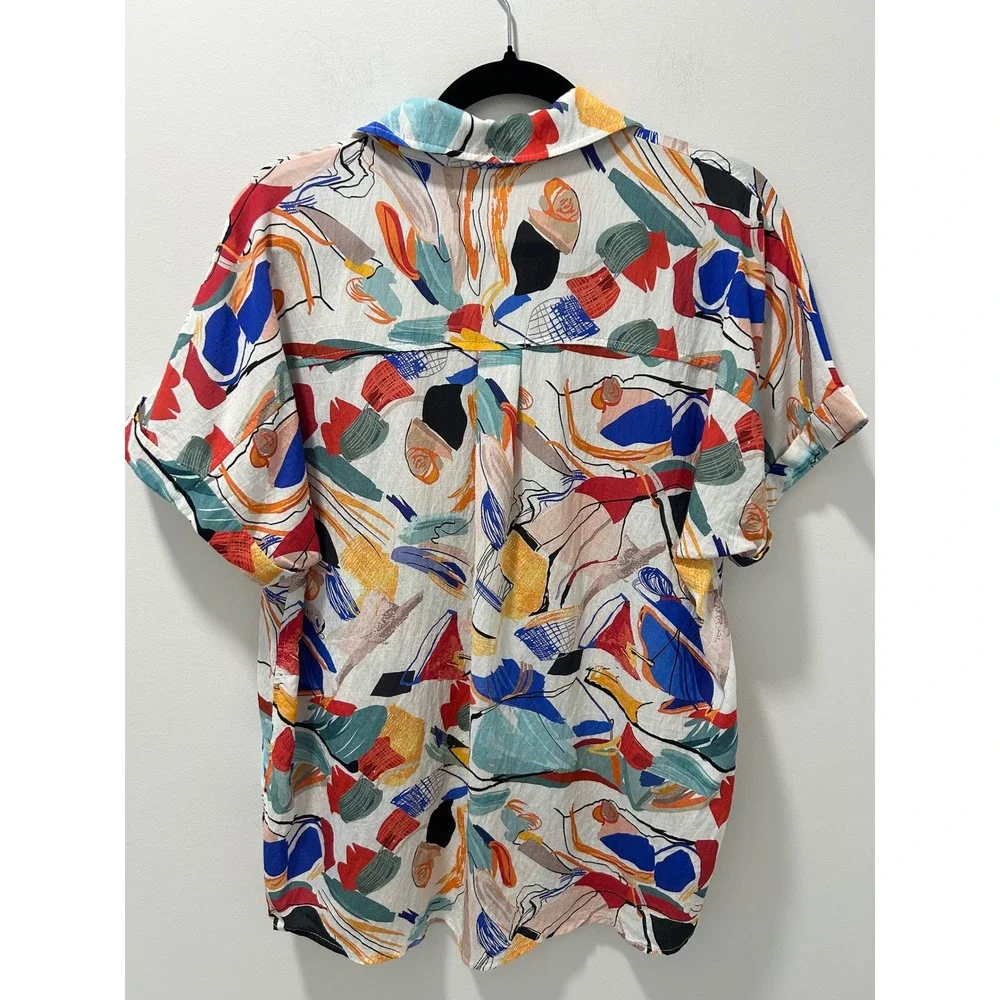 Histor Womens Abstract Art Print Short Sleeve Button Down Shirt Multi Color L